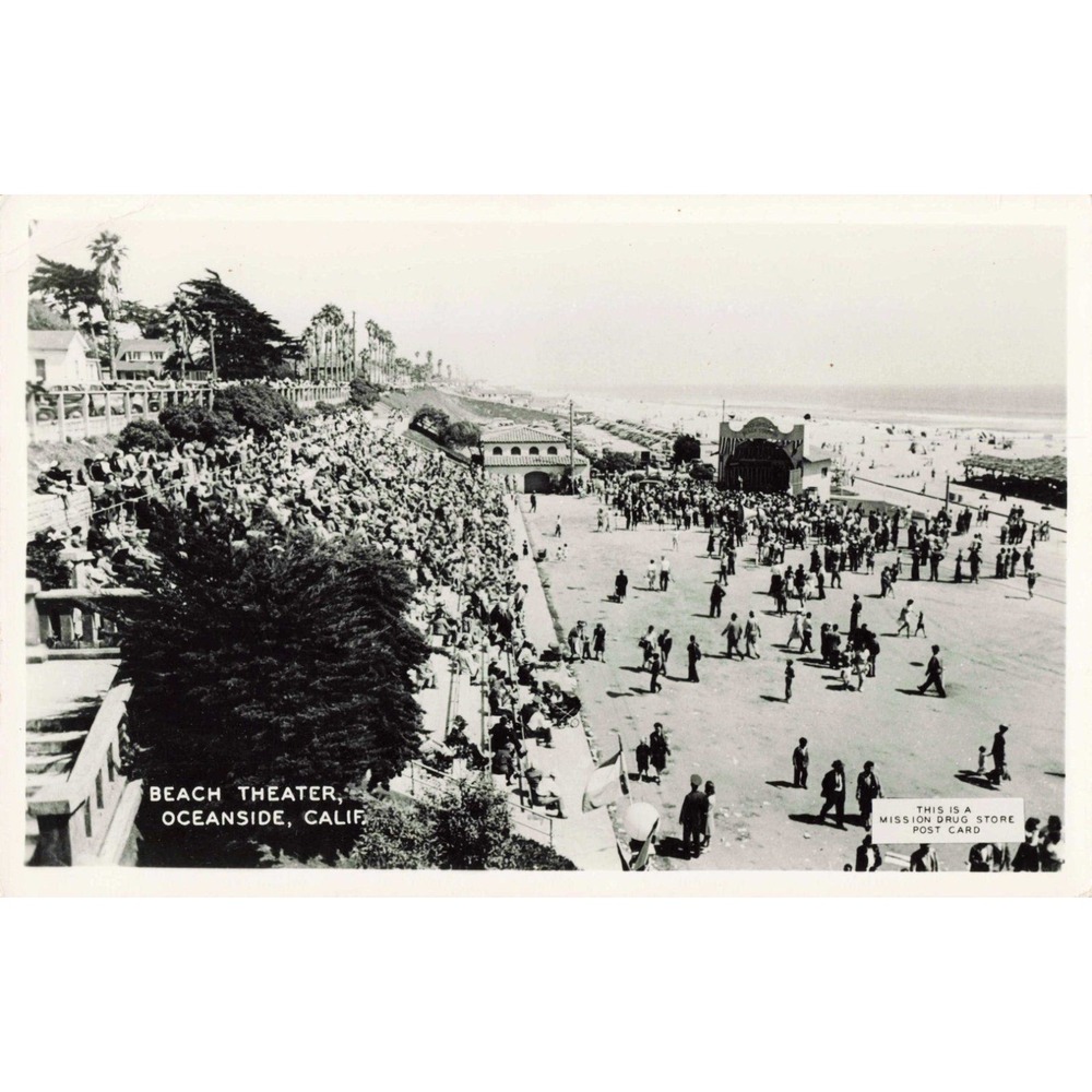 Oceanside CA RPPC Beach Theater Postcard Crowd Scene Mission Drug Store Vtg - Picture 1 of 2